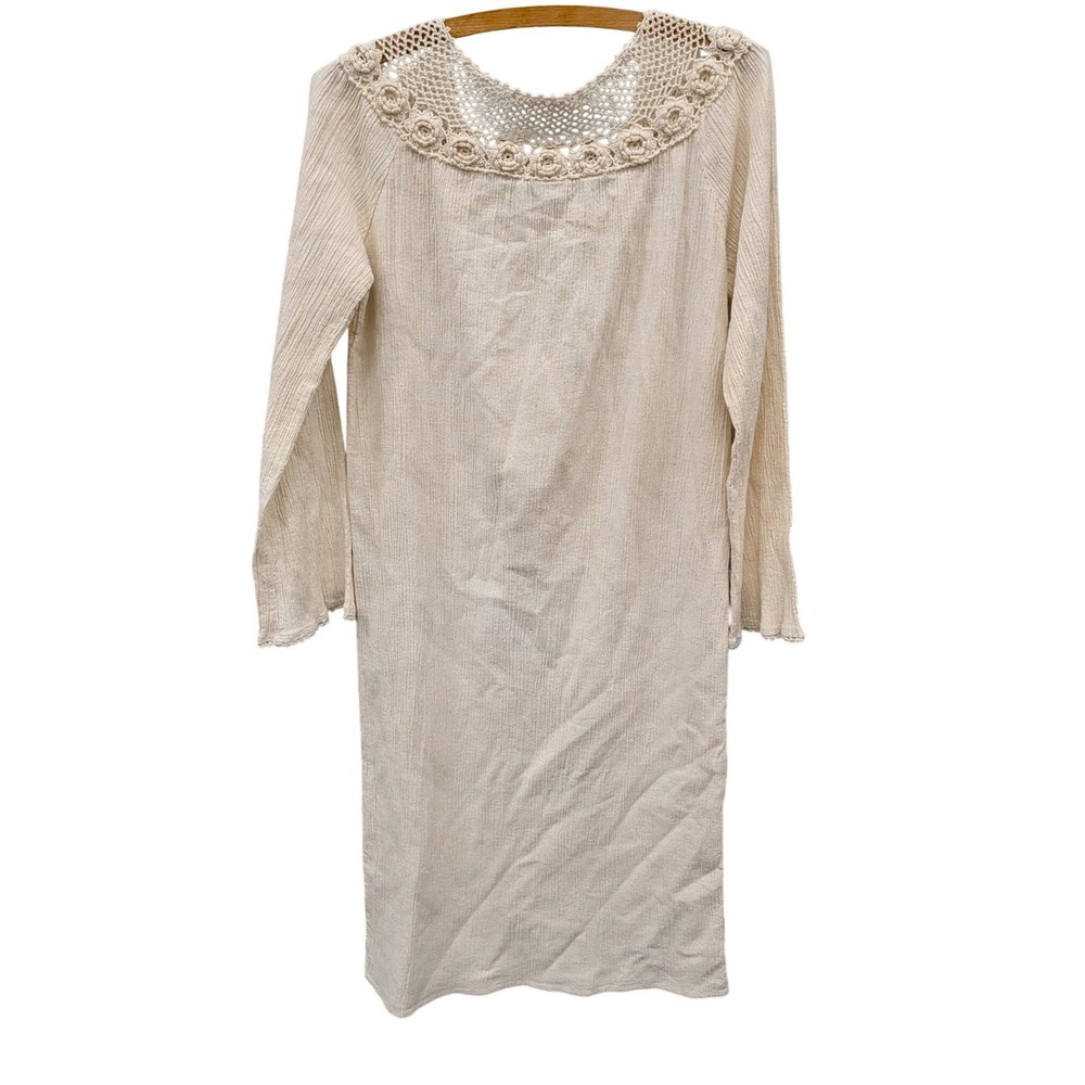 Vintage 70s Balkan Imports Cream Cotton Gauze Crochet Floral Midi Dress- S - Picture 3 of 6